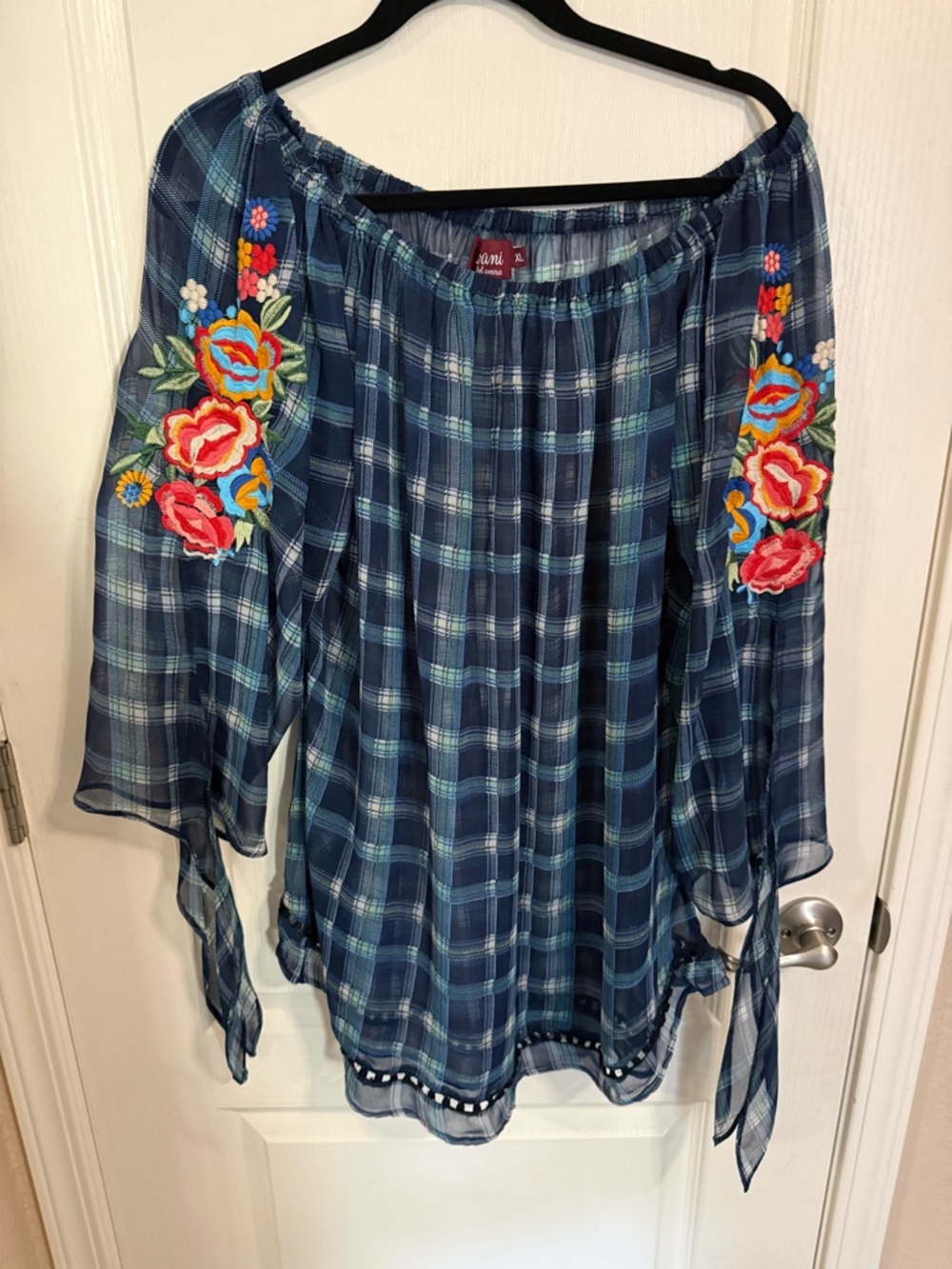 Avanti Navy Plaid Off-Shoulder Tunic with Multicolor Floral Embroidery